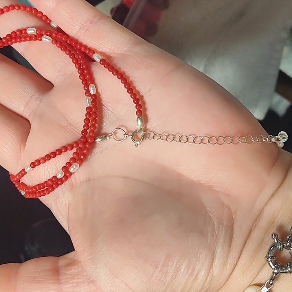 Necklace,red coral, freshwater pearls,925 silver,13 inches long,w/room to grow - Picture 6 of 7